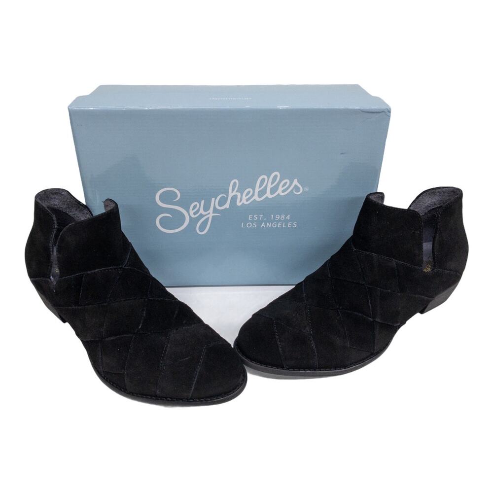 Seychelles Deep Sea Bootie Women's 11 Black Suede Cutout Woven Ankle Boot